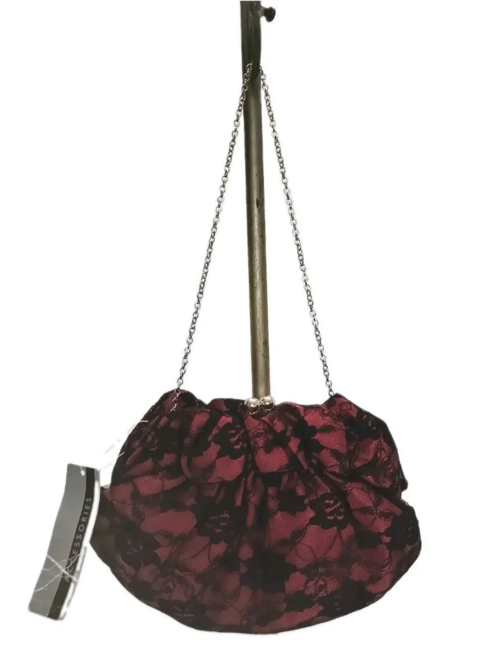 Accessories Red And Black Satin Lace Evening Clutch Bag With Silver Chain